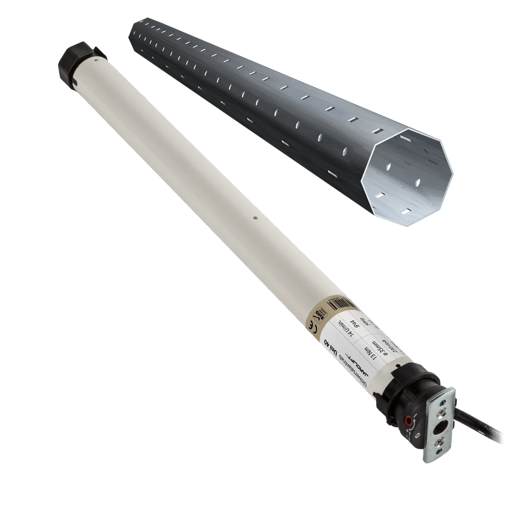 JAROLIFT UNIVERSAL Rollladenmotor Uni 40 im Motor-Komplettset! Set inkl. Vorbau-Wellenset 5 (bis 385 cm). Passend für die gängigsten Rollladen und Vorbaurollladen mit bis zu 30 kg Behanggewicht und 35 mm Rohrdurchmesser. Der Universalmotor erfüllt höchste Qualitäts- und Leistungsansprüche zu einem unschlagbar günstigen Preis. Vergessen Sie die komplizierte Ermittlung des passenden Rollladenmotors! Der neue Universalmotor Uni 40 - ein Motor für alles!
