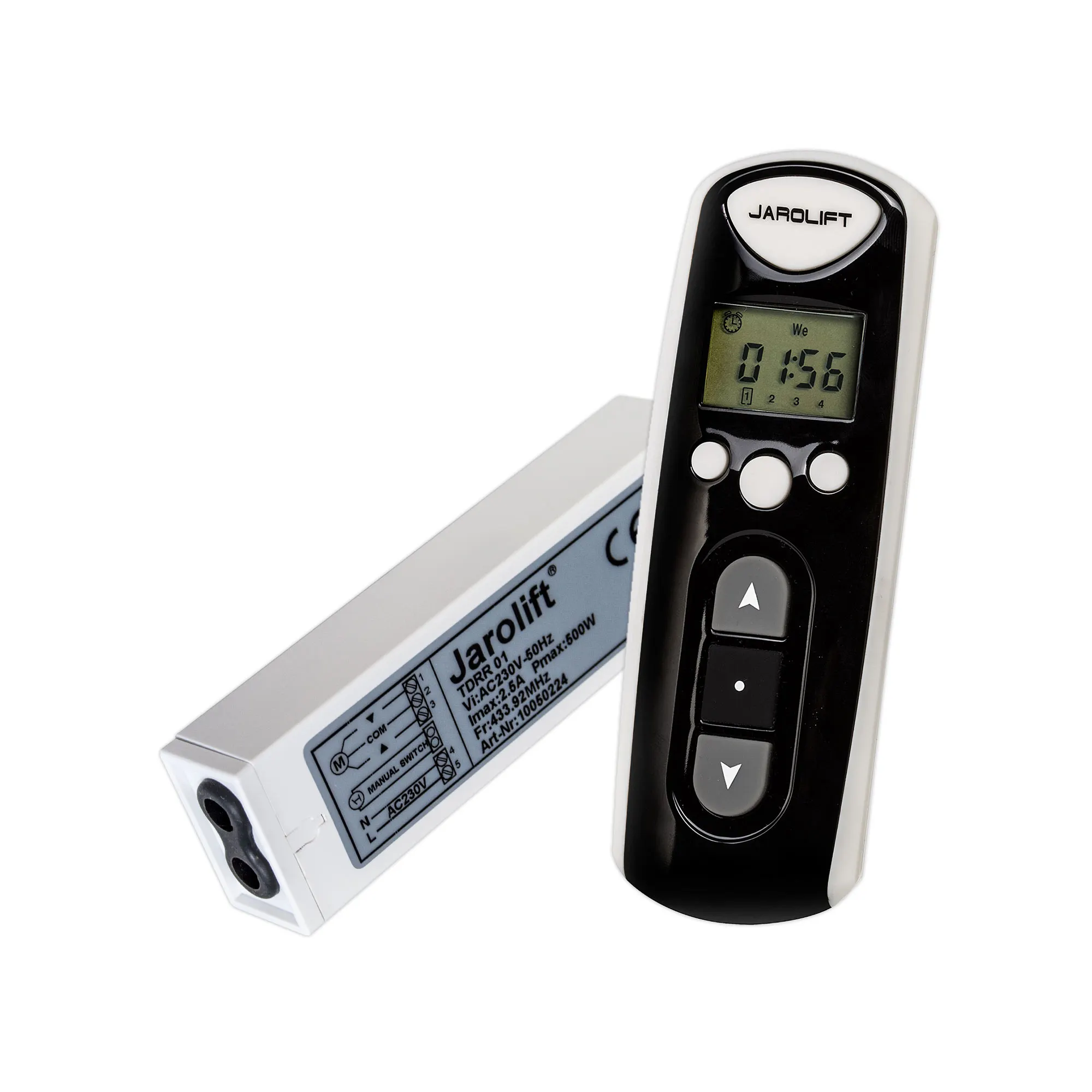 JAROLIFT SET-Angebot: JAROLIFT Funkhandsender Timer 4-Kanal TDRCT 04 inkl. 16x Funkempfänger Einfach Aufputz TDRR 01! Der 4-Kanal Timer Funkhandtaster TDRCT 04 aus dem Hause JAROLIFT dient zur zeitlichen sowie manuellen Ansteuerung von allen in Reichweite befindlichen einfach Funkempfängern TDRR 01. Der JAROLIFT TDRR 01 Funkempfänger kann einfach im Rollladenkasten verbaut / gelegt werden. Steuern Sie Ihre kabelgebundenen Rohrmotren ab jetzt Problemlos per Funkfernbedienung.