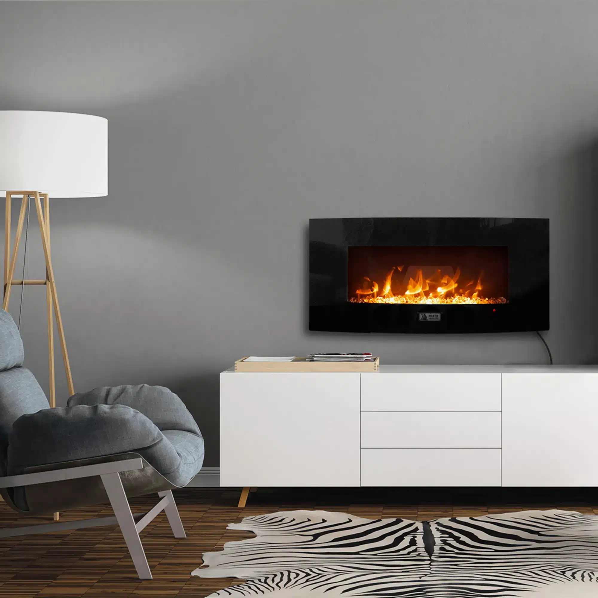 ELEGANZA Elektrokamin MFP-36 Curved. Schwarzer Elektrokamin in edler Curved-Optik. Zwei Heizstufen