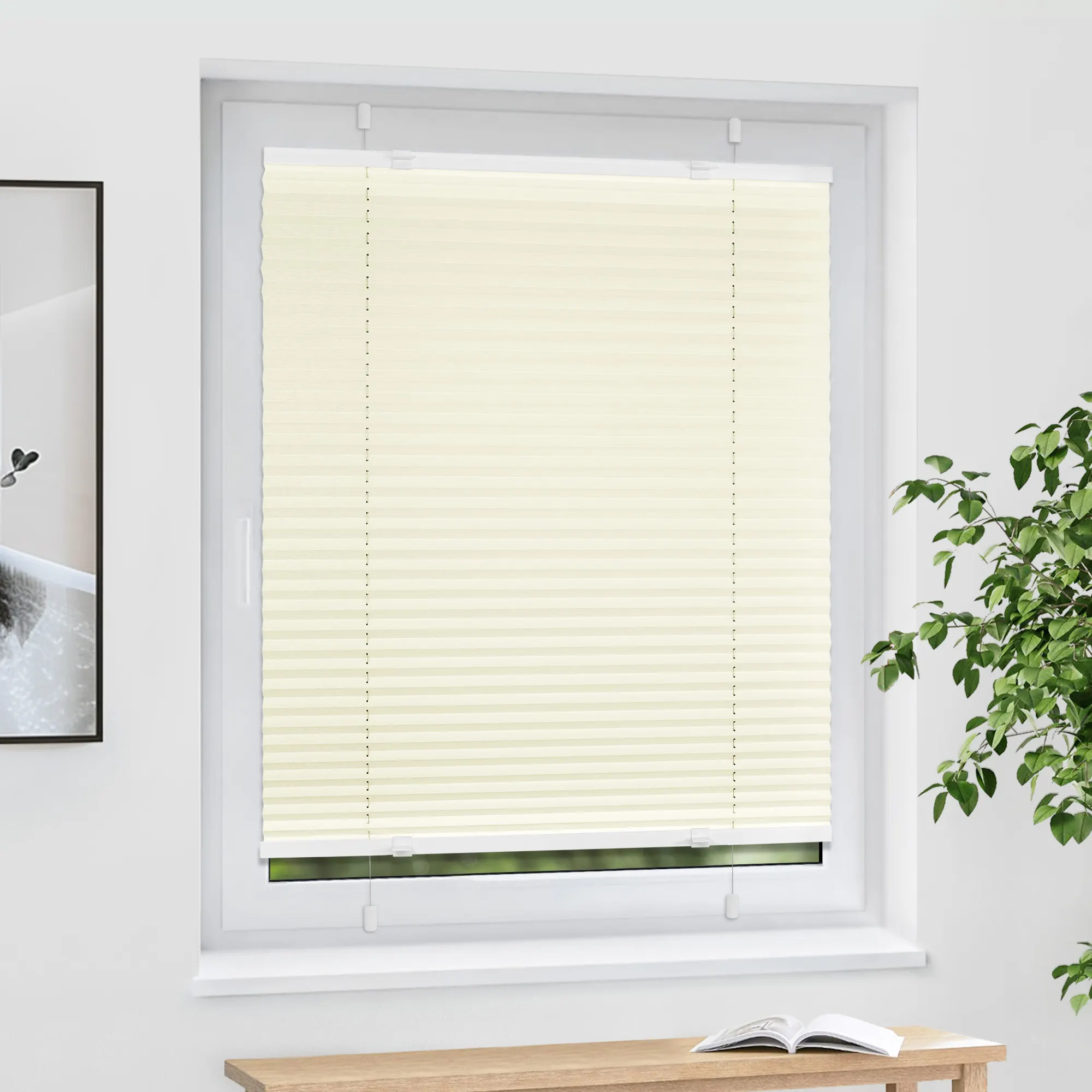 Das EasyFix Plissee von VICTORIA M in der Farbe Creme mit den Maßen 90 x 200cm ist aus langlebigem Polyestergewebe gefertigt und kann flexibel an Fenster und Türen angebracht werden. Sie können das Plissee auf Wunsch in der Breite kürzen. Die Montage erfolgt ohne Bohren mit Hilfe der beiliegenden Klemmträger (siehe Montageanleitung). Eine Anbringung mit optional erhältlichen Klebehaltern ist ebenfalls möglich. Das EasyFix Plissee kann rückstandslos wieder entfernt werden und eignet sich daher besonders für Mietwohnungen. Die Bedienung über die vier PVC--Bediengriffe ist unkompliziert. Das Plissee bietet guten Sicht- und Sonnenschutz. Es kann mit einem Lappen oder Staubwedel gereinigt werden. Im Lieferumfang enthalten: EasyFix Standard Plissee