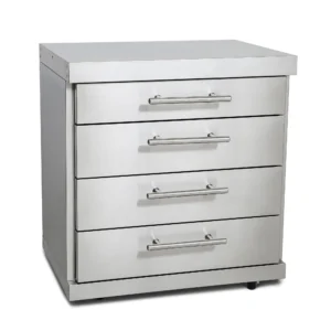 Edelstahl-Erweiterungsmodul mit 4 Schubladen. Aus hochwertigem Edelstahl. Viel Stauraum. Auch alleinstehend nutzbar. Vier Lenkrollen