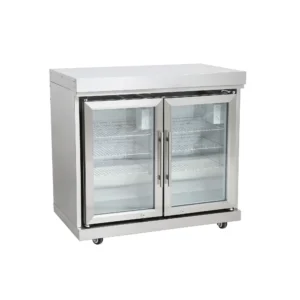 Edelstahl-Erweiterungsmodul mit Doppelkühlschrank. Aus hochwertigem Edelstahl. Zwei beleuchtete Edelstahl-Kühlschränke. Inklusive Spülbecken und Wasserhahn. Je 63 l Nutzvolumen. Dreilagiges Isolier-Sicherheitsglas.