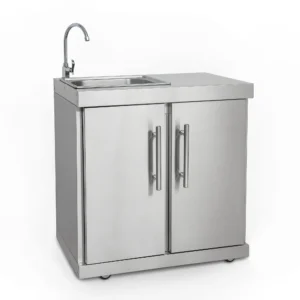 Edelstahl-Erweiterungsmodul mit Spülbecken & 2 Türen. Komplett aus hochwertigem Edelstahl. Viel Stauraum. Waschbecken und Wasserhahn. Auch alleinstehend nutzbar. Vier Lenkrollen