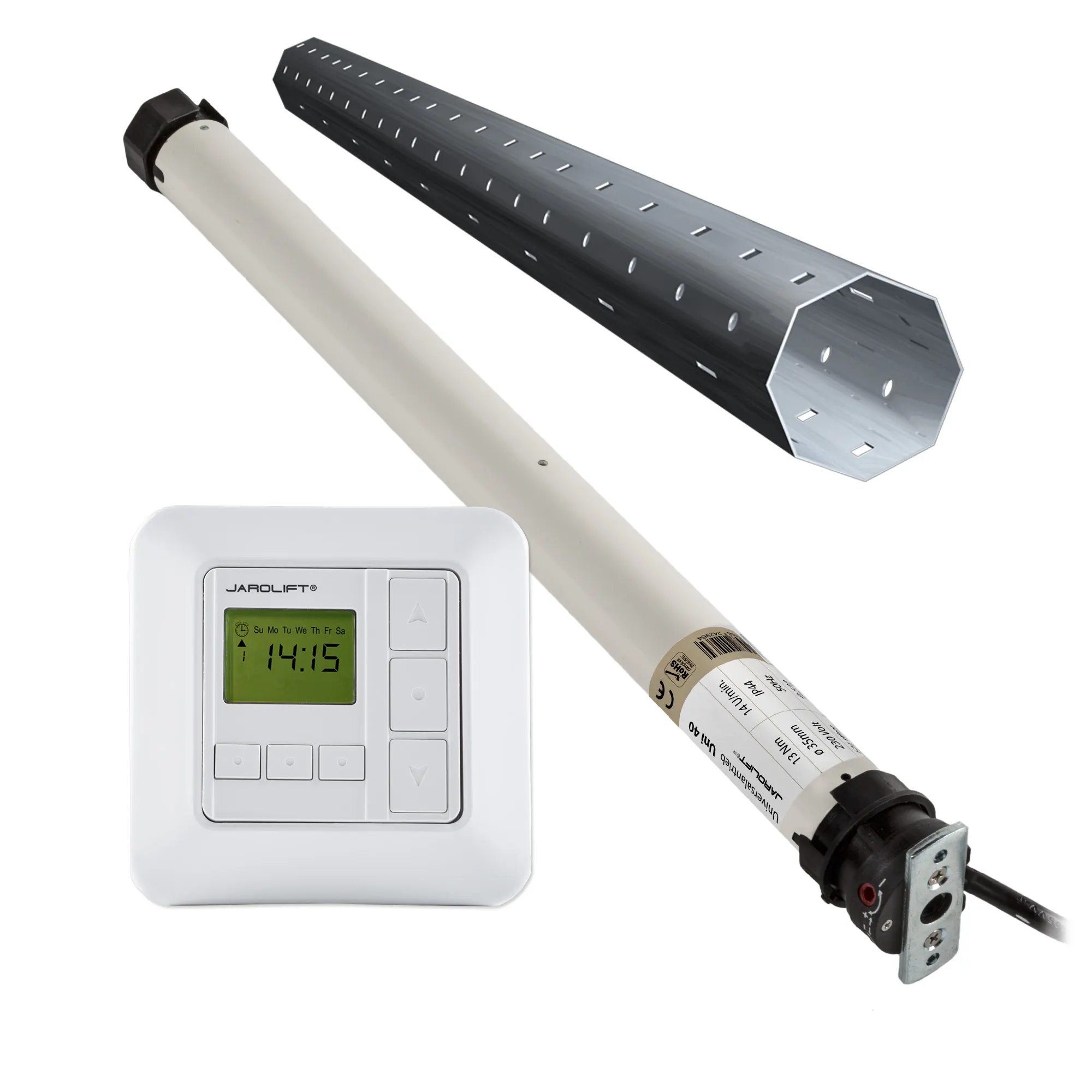 JAROLIFT UNIVERSAL Rollladenmotor Uni 40 im Motor-Komplettset! Set inkl. Rollladen-Zeitschaltuhr Sevenlogic Comfort Funk und Vorbau-Wellenset 5 (bis 385 cm). Passend für die gängigsten Rollladen und Vorbaurollladen mit bis zu 30 kg Behanggewicht und 35 mm Rohrdurchmesser. Der Universalmotor erfüllt höchste Qualitäts- und Leistungsansprüche zu einem unschlagbar günstigen Preis. Vergessen Sie die komplizierte Ermittlung des passenden Rollladenmotors! Der neue Universalmotor Uni 40 - ein Motor für alles!