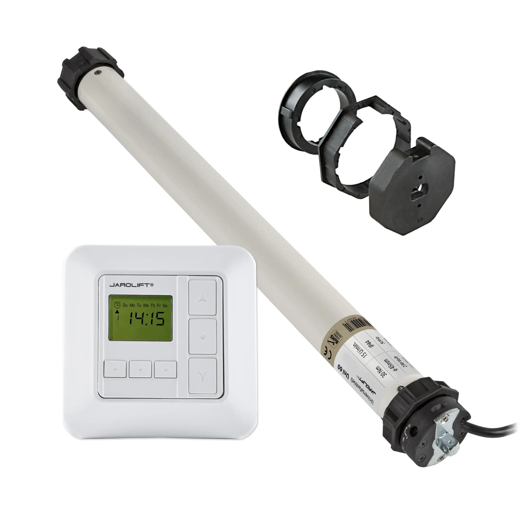 JAROLIFT UNIVERSAL Rollladenmotor Uni 60 im Motor-Komplettset! Set inkl. Rollladen-Zeitschaltuhr Sevenlogic Comfort und 70 mm Achtkantwelle (SLAO70-45). Passend für die gängigsten Rollladen und Vorbaurollladen mit bis zu 60 kg Behanggewicht und 45 mm Rohrdurchmesser. Der Universalmotor erfüllt höchste Qualitäts- und Leistungsansprüche zu einem unschlagbar günstigen Preis. Vergessen Sie die komplizierte Ermittlung des passenden Rollladenmotors! Der neue Universalmotor Uni 60 - ein Motor für alles!