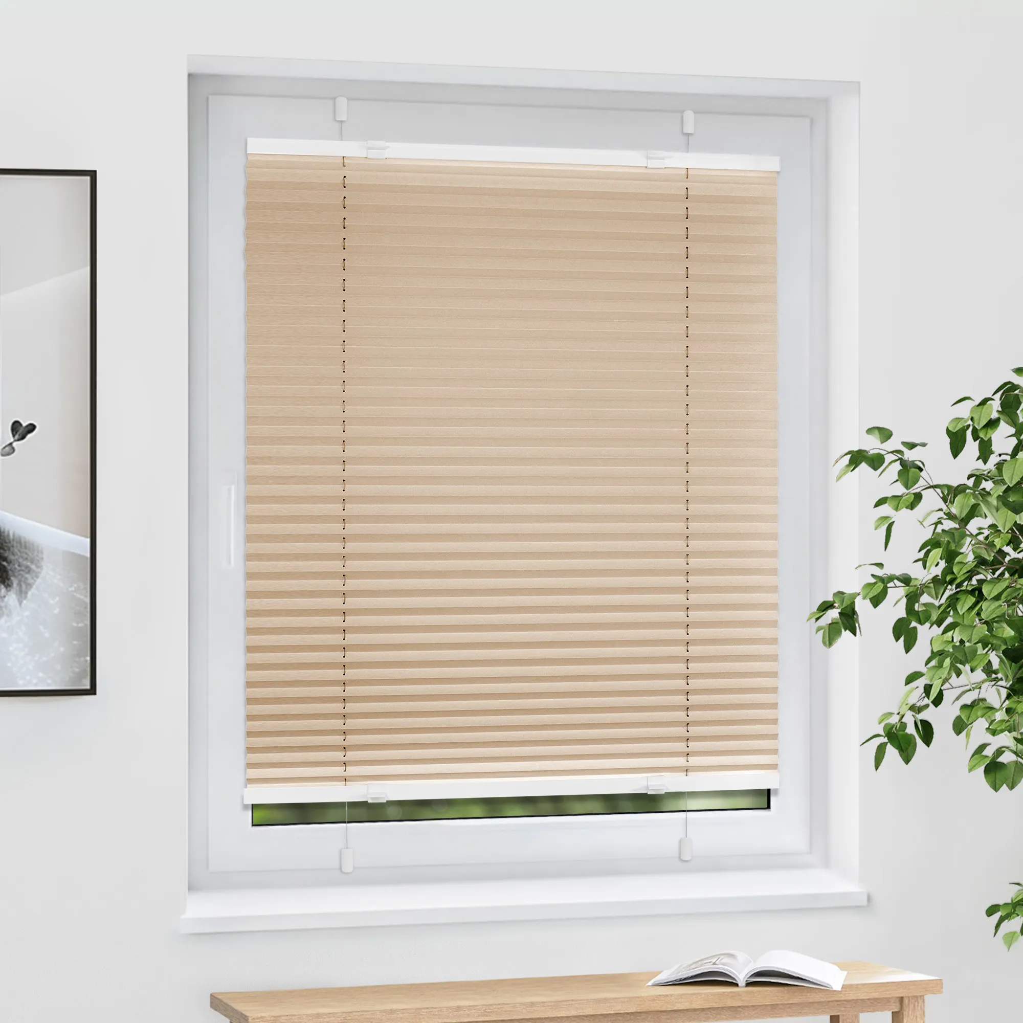 Das EasyFix Plissee von VICTORIA M in der Farbe Beige mit den Maßen 90 x 200cm ist aus langlebigem Polyestergewebe gefertigt und kann flexibel an Fenster und Türen angebracht werden. Sie können das Plissee auf Wunsch in der Breite kürzen. Die Montage erfolgt ohne Bohren mit Hilfe der beiliegenden Klemmträger (siehe Montageanleitung). Eine Anbringung mit optional erhältlichen Klebehaltern ist ebenfalls möglich. Das EasyFix Plissee kann rückstandslos wieder entfernt werden und eignet sich daher besonders für Mietwohnungen. Die Bedienung über die vier PVC--Bediengriffe ist unkompliziert. Das Plissee bietet guten Sicht- und Sonnenschutz. Es kann mit einem Lappen oder Staubwedel gereinigt werden. Im Lieferumfang enthalten: EasyFix Standard Plissee