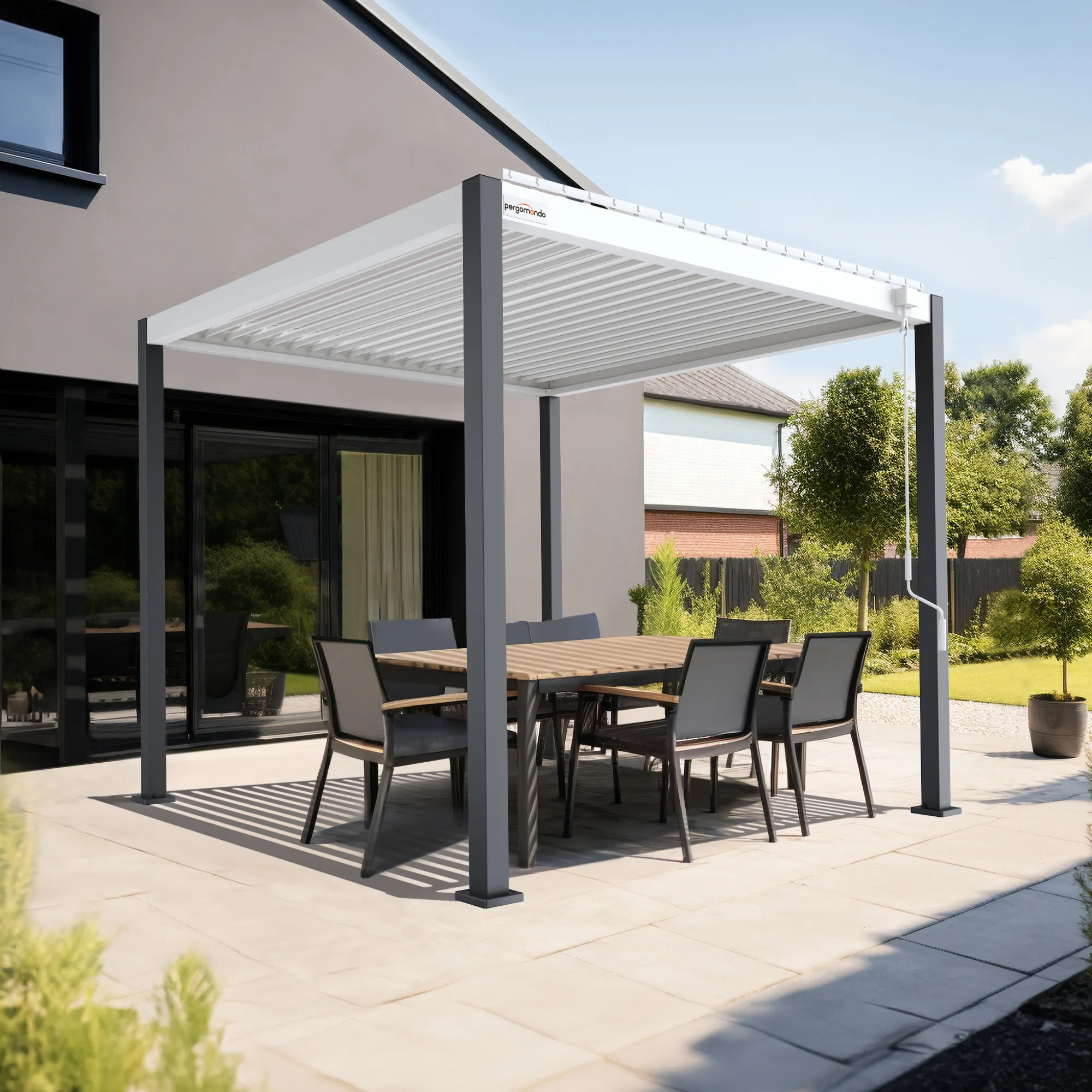 PERGOMONDO Pergola mit Lamellendach. Entdecken Sie das ganze Jahr über Luxus im Freien mit PERGOMONDO Pergolen! Willkommen im Reich der Outdoor-Entspannung! PERGOMONDO bringt Ihnen die ultimative Pergola mit Lamellendach