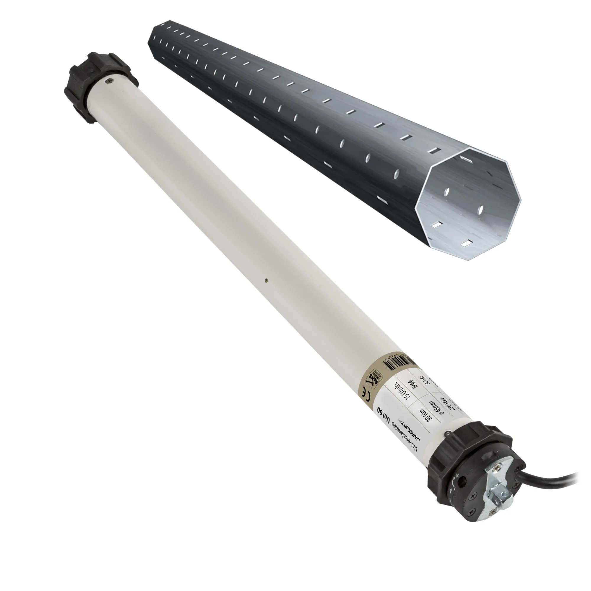 JAROLIFT UNIVERSAL Rollladenmotor Uni 60 im Motor-Komplettset! Set inkl. Neubau-Wellenset 6 (bis 475 cm). Passend für die gängigsten Rollladen und Vorbaurollladen mit bis zu 60 kg Behanggewicht und 45 mm Rohrdurchmesser. Der Universalmotor erfüllt höchste Qualitäts- und Leistungsansprüche zu einem unschlagbar günstigen Preis. Vergessen Sie die komplizierte Ermittlung des passenden Rollladenmotors! Der neue Universalmotor Uni 60 - ein Motor für alles!